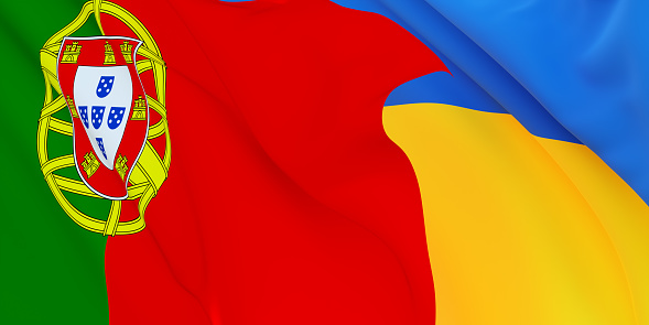 Portuguese and Ukrainian flags flying in the wind. Portugal stand with Ukraine. 3D rendered image.