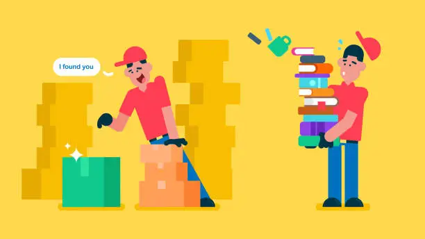 Vector illustration of Delivery man carry boxes and books, falling down on the floor, Delivery with red cap feeling happy because he found the lost green box, i found you, Flat avatar vector illustration