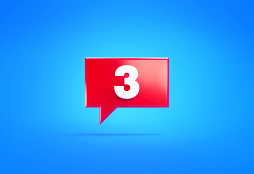 Red speech bubble and white number 3 over blue background. Horizontal composition with copy space. Front view.