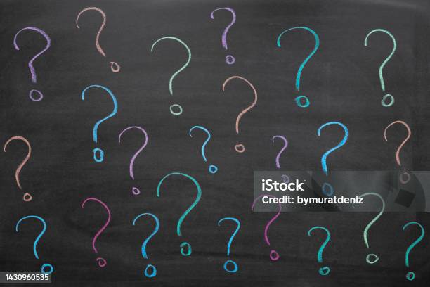 Colorful Question Marks On Blackboard Stock Photo - Download Image Now - Question Mark, Asking, Backgrounds