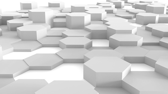 Abstract 3D geometric background, white grey hexagons shapes, 3D honeycomb pattern render illustration.