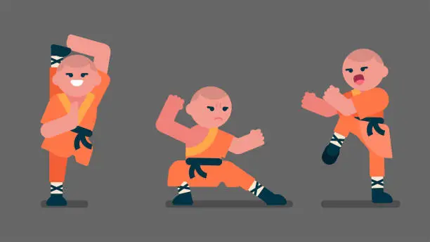 Vector illustration of Shaolin boy with orange traditional dress play kung fu, training karate in gray temple, chinese kid practice to fight enemies, Flat avatar vector illustration.
