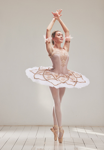Young, graceful ballerina. Elegant woman ballet dancer, dressed in classic, white Chopin tutu and professional ballet shoes is demonstrating dancing skill. Beauty of classic ballet.