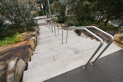 park staircase on the terrace of an Italian garden. the stairs are made of red bricks glued to cement. forged metal railing on the retaining wall, faassenii, nepeta,