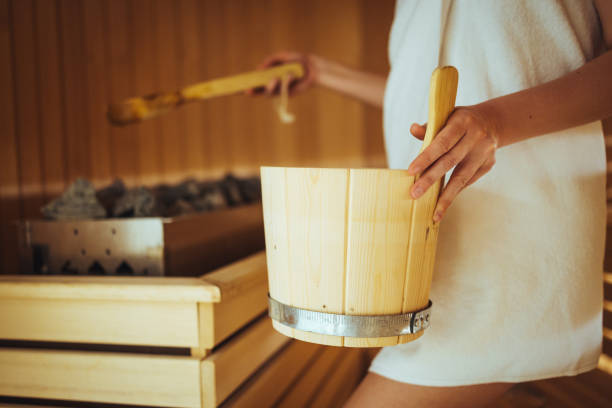 istock Woman in sauna - real, authentic moment. 1430964207