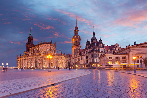 Panoramic view of ancient city of Dresden during twilight, Germany