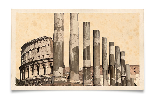 Vintage postcard illustration of Coliseum, columns and monuments in Rome, Italy. Image styled to resemble a drawing on old stained paper. Composite image with clipping path on white background.