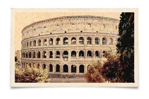 Vintage postcard illustration showing a drawing of Coliseum in Rome, Italy. Image styled to resemble a drawing on old stained paper. Souvenir of Italy. Composite image with clipping path on white background.