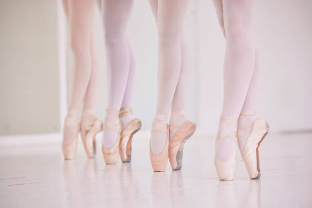 istock Many ballet feet, legs or tiptoe of elegant dancers dancing and practicing in a dance studio. Closeup of ballerinas or performers or team preparing or learning for a group performance in a class 1430965636