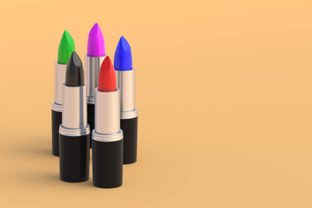 istock Different lipsticks on beige background. Cosmetic accessories. Make-up tools. Copy space. 3d render 1430967276