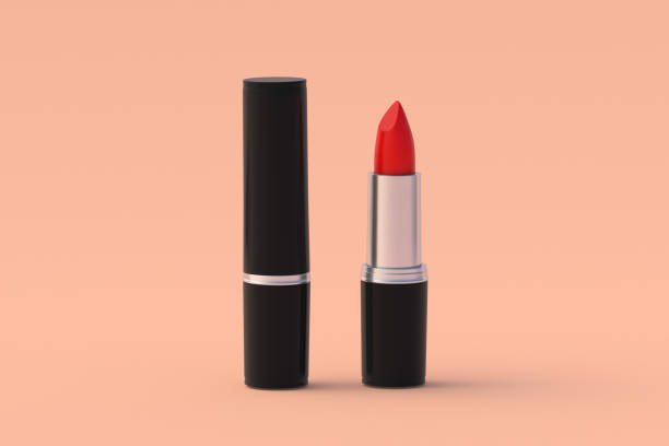 istock Red lipstick on beige background. Cosmetic accessories. Make-up tools. 3d render 1430967277