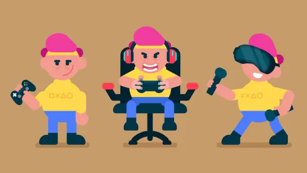 Vector illustration of Flat kid playing video games, wear VR glasses, gamer boy avatar with headphone sitting on gaming chair and streaming, Flat avatar vector illustration.