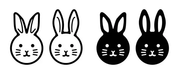Vector illustration of Child rabbit, parent rabbit Simple and cute front face vector icon illustration material black and white set