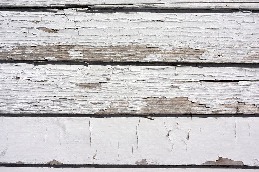 Badly worn paint on wood siding showing peeling and cracking in the morning light.
