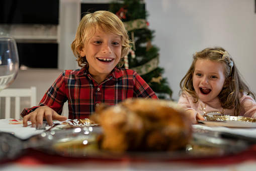 at Christmas dinner, with the family, the children and siblings look at the Christmas turkey with a surprised and hungry look on their faces.