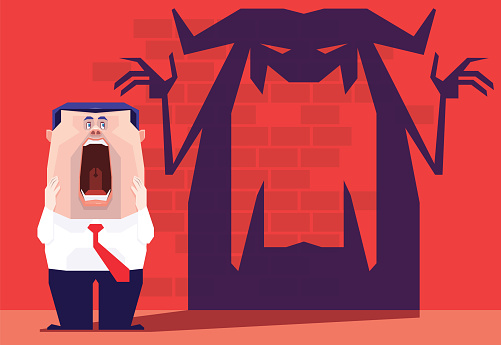 vector illustration of screaming businessman with angry devil shadow