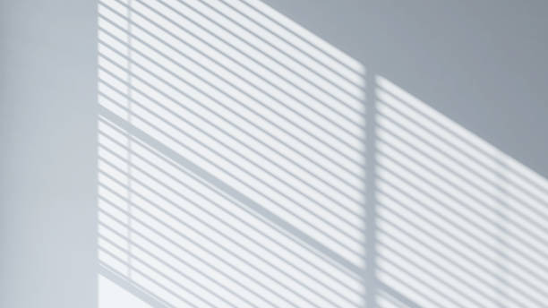 Beautiful soft sunlight and shadow from window blinds on empty pastel blue wall background
