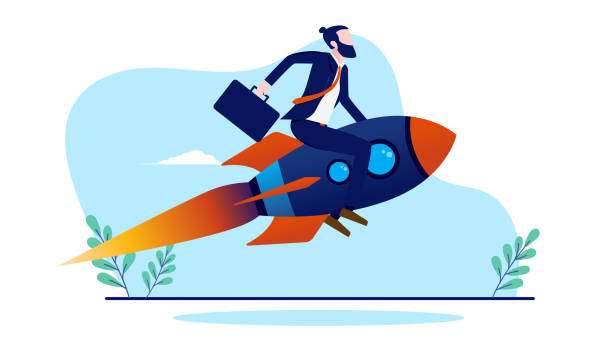 istock Ambitious businessman on rocket flying upwards in high speed looking for success 1430971921