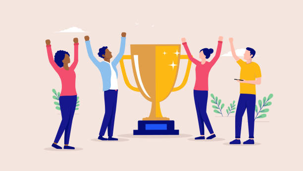 Business people winners with trophy cup Diverse team cheering and celebrating success and winning. Flat design vector illustration achievement stock illustrations