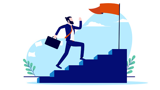 Businessman running up stairs toward business and career goal with flag on top. Flat design vector illustration with white background