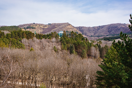 view of the house in the mountainous area. travel and rest at the mountain resort. tourism and wellness and privacy.