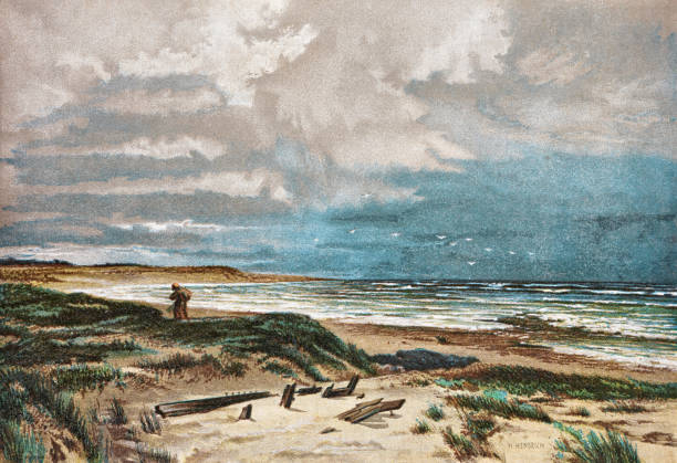 Beach of Long Island Illustration from 19th century. watercolor painting landscapes stock illustrations