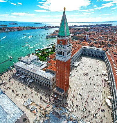 Venice St Marks Square, top view, including St Marks Campanile in Italy Europe