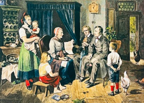 Brothers Grimm listen to the stories of the people Illustration from 19th century. brothers grimm stock illustrations