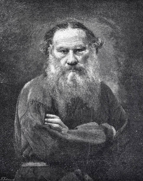Leo Tolstoy portrait, long beard, front view, sitting, arms crossed Illustration from 19th century. leo tolstoy stock illustrations