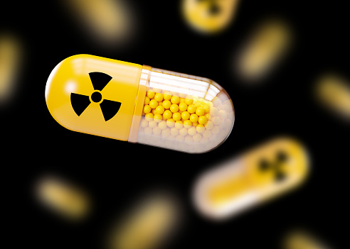 Anti-Radiation Pills, Iodine tablets, tablets for radiation protection. Potassium iodine tablet protecting against the dangers of accidental exposure to radioactivity. Nuclear threats. 3d rendering