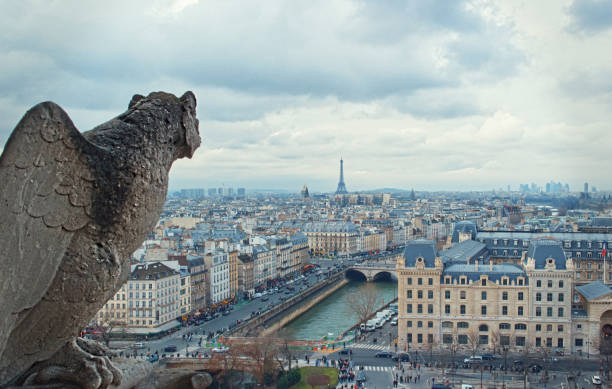 istock Notre Dame Paris aereal rooftop view stone gargoyle foreground and city view with eiffel tower cloudy sky 1430977227
