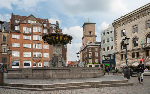 Copenhagen, Denmark. October 2022. the Fountain of Charity in the Vestergade square in the city center