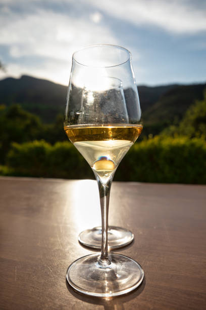 istock Two white wine glasses on mountain landscape background 1430978763
