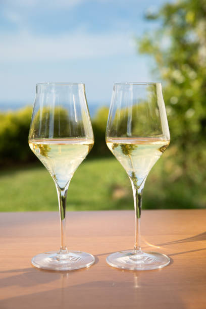 istock Two white wine glasses on mountain landscape background 1430979008