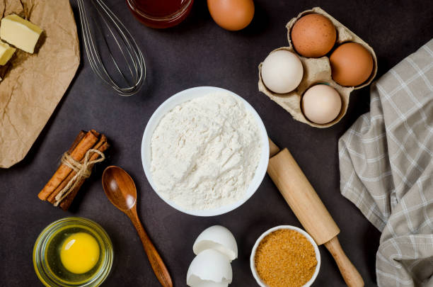 istock Top view of ingredients bakery making on dark old table 1430979778