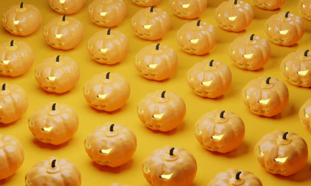 istock Jack-o-lantern pumpkins in orange background, rendered 3d model. Halloween theme, digital illustration, holiday symbols 1430981880