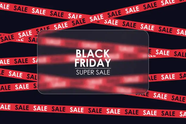 Vector illustration of Black friday banner with red crossed ribbons and transparent glass plate with glassmorphism effect. Design for black friday with rectangle glass with text and crossed sale ribbons and stripes.