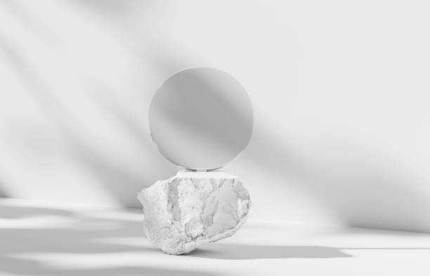 istock 3D podium display on white, background. Nature stone and gray circle backdrop. Bright cosmetic, beauty product promotion pedestal showcase with shadow. Abstract minimal studio 3D render mockup 1430983543
