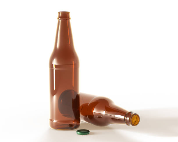 istock Beer bottles front view and lying down 3D render. Blank brown glass flasks with open green metal cork isolated on white background. Realistic mockup for advertising alcohol drinks 1430983974