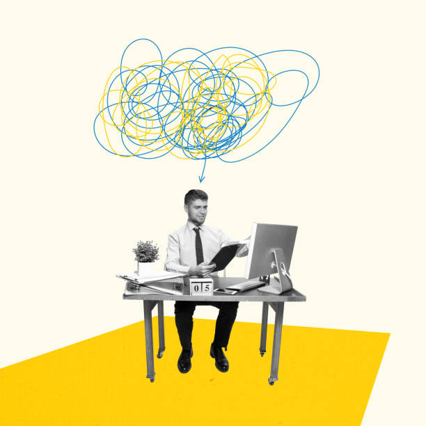 Smart thinking. Young man sitting at office and working at computer. Bright contemporary art collage. Business, studying, education, youth, remote workplace concept. Businessman having idea
