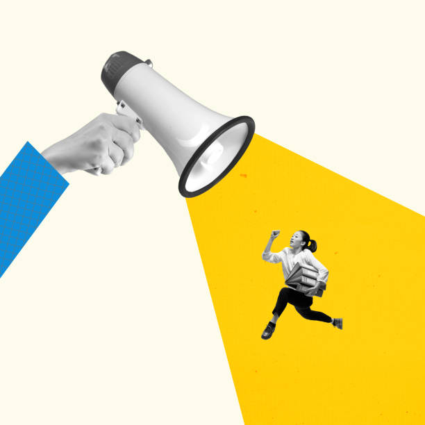 Contemporary art collage. Abstract hand with megaphone shouting to running female worke as boss. Concept of business, motivation, career, goal, employment, labor, recruitment. Creative design stock photo