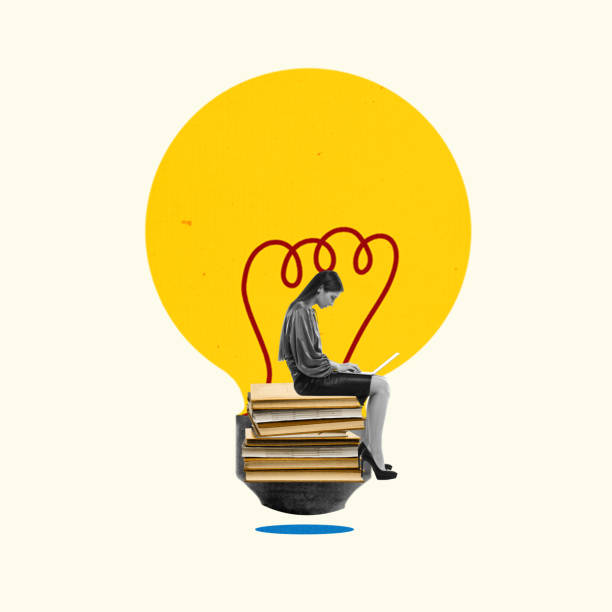 istock Woman sitting in light bulb. Idea, innovation, creativity, solution concept. Businesswoman having a good idea for a business. Contemporary creative art collage or design. Thought process 1430984514