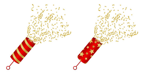 Red shooting slapstick and gold confetti firework Red shooting slapstick with gold confetti and serpentines firework isolated on white. Party popper with stars and stripes in cartoon style. Vector element for holiday design, celebration concept. confetti clipart stock illustrations