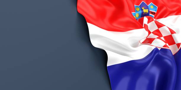 istock Croatian Flag is Waving Against Blue Gray Surface 1430990599