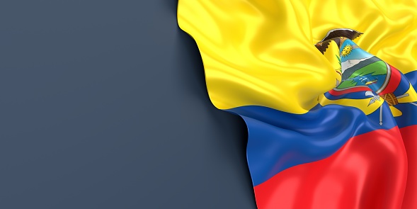 Partial Ecuadorean flag is waving on blue gray background. Horizontal composition with copy space. Easy to crop for all your social media and print sizes.