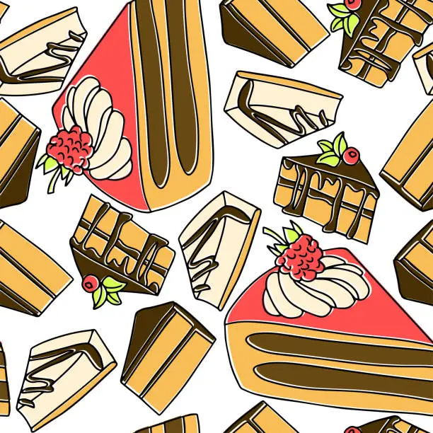 Vector illustration of Seamless sweet pattern with any piece of cake in hand draw color style. Vector illustration.