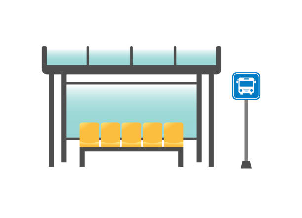 ilustraciones, imágenes clip art, dibujos animados e iconos de stock de parada de autobús con cartel sobre fondo blanco. - estación de autobús