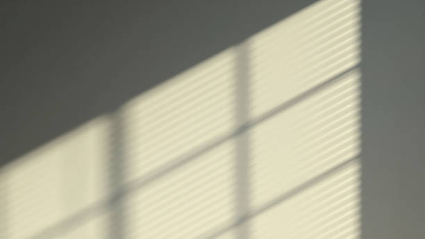 istock Beautiful soft sunlight and shadow from window blinds on empty pastel green wall background 1430993149