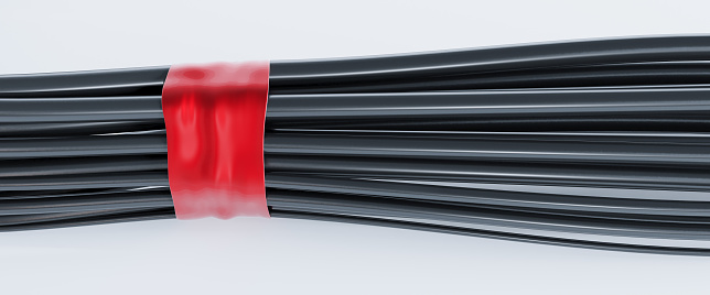 3D render of black cables with red ribbon isolated on white background. Information technology concept