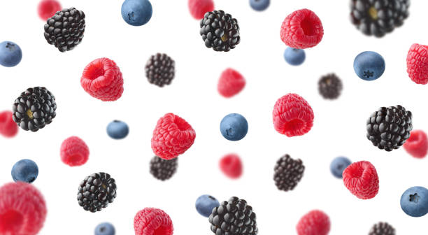 collection of various falling fresh ripe wild berries isolated on white background. raspberry, blackberry and blueberry - falling fruit berry fruit raspberry imagens e fotografias de stock